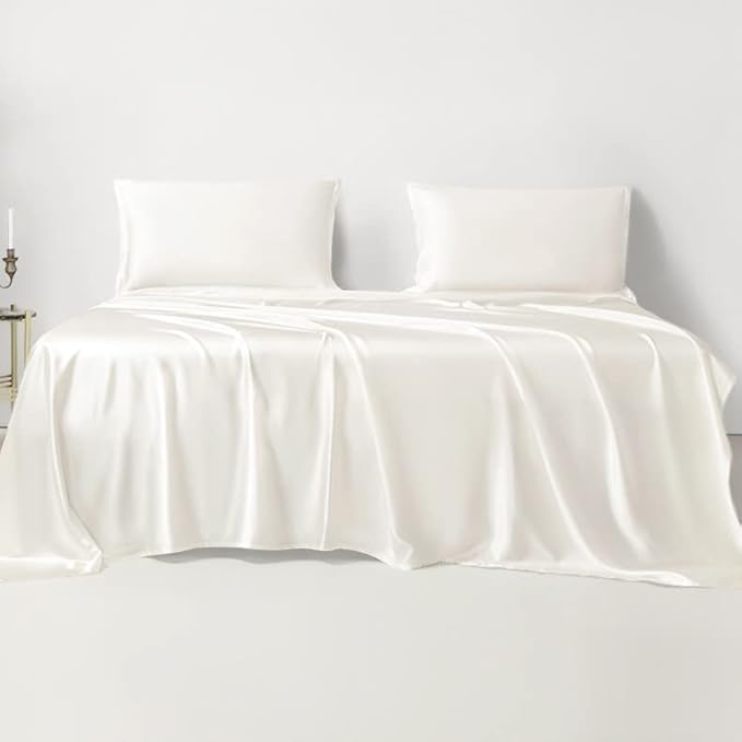 LINENWALAS Flat Sheet Only, Rayon Derived from Bamboo Top Sheet, Hotel Luxury Silk Sheets for King Size Bed, Stain & Fade Resistant Cooling Bed Sheets (King, Ivory)