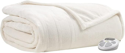 Serta Luxuriously Soft Plush Electric Blanket Fast Heating Cozy Cover, Safety Auto Shut Off Timer, Low EMF, Multi Heat Setting, ETL Certified, Machine Washable, Ivory Twin (84 in x 62 in)
