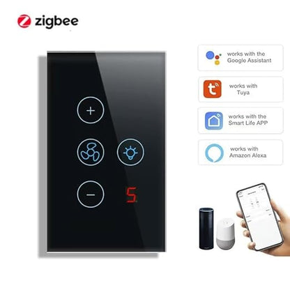 Zibee Smart Ceiling Fan and Light Switch Combo,Adjust Fan Speed,Glass Touch Panel,No Neutral line Needed and Neutral line Needed Dual Mode,ZigBee Hub Required,US.