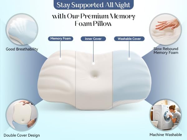 Cervical Pillow for Neck and Shoulder Support, Ergonomic Contour Sleeper Pillows, Adjustable Height Memory Foam Bed Pillow with Breathable Pillowcase for Back, Side, Stomach Sleeper