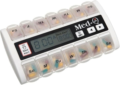 Weekly Pill Organizer with Alarms | Automatic Digital Pill Box with AM/PM Compartments, Flashing Light & Loud Beeping Alerts | 7 or 14 Day Medication Reminder for Seniors and Adults - White