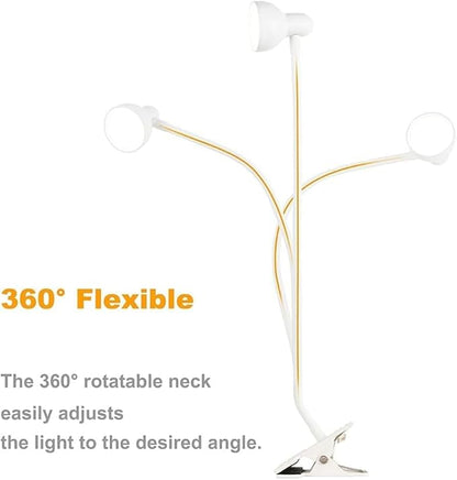 Clip on Lamp USB Reading Light, 3 Color Modes, 10 Brightness Dimmable, 360° Flexible Desk Lamp with Clamp, Eye Care Clip on Light for Bed Desk Headboard Home Dorm White