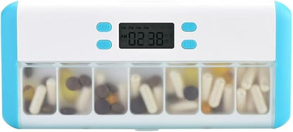 Automatic Medicine Dispenser - 7 Alarms (Beep, Vibration, Light), Large Compartments, Moisture-Proof, Portable Pill Organizer with Large Screen & Indicator Lights