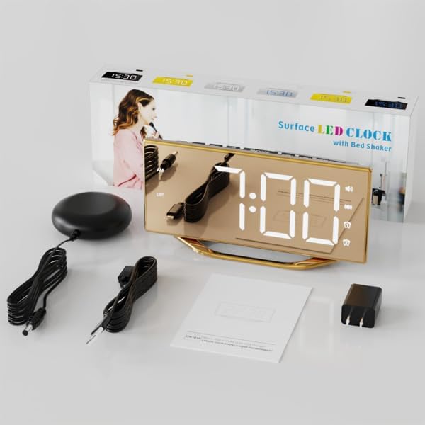 Loud Alarm Clock for Heavy Sleeper, 2 Alarms Big Display Clock with Bed Shaker for Hard of Hearing Deaf,Plug in Bedroom Mirror Clock,Phone Charger,Dimmer,Simple Digital Clock for Senior Adult Teen Kid