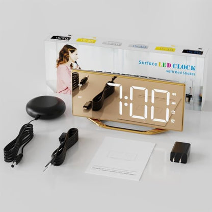 Loud Alarm Clock for Heavy Sleeper, 2 Alarms Big Display Clock with Bed Shaker for Hard of Hearing Deaf,Plug in Bedroom Mirror Clock,Phone Charger,Dimmer,Simple Digital Clock for Senior Adult Teen Kid