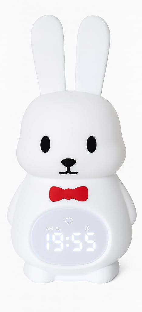 Sleep Trainer Clock for Toddlers with Color Light Cues, Bunny Alarm Clock with Night Light & Sunrise Wake Up, 12 Sounds, App Control, Rechargeable Silicone Nursery Lamp