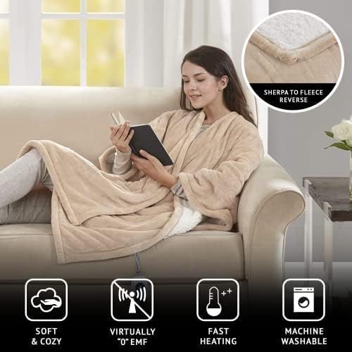 Beautyrest Wearable Electric Poncho Wrap Blanket, Ultra Soft Sherpa & Berber Fleece Heated Throw with Low EMF, UL Certified & OEKO-TEX, 3 Heat Settings & 2 Hour Auto Shutoff, Gift-Ready, 50"x64",Tan