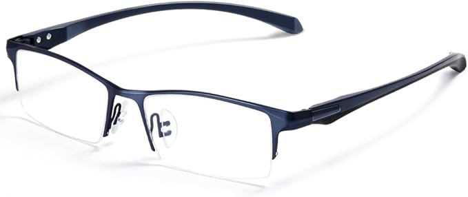 Blue Light Blocking Glasses for Men Semi Rimless Rectangular Computer Glasses Anti Glare UV Gaming Eyeglasses(Trendy Blue Metal Eyeglasses)
