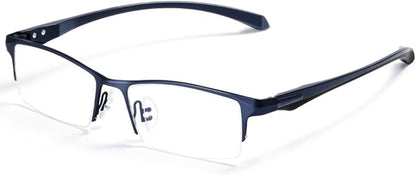 Blue Light Blocking Glasses for Men Semi Rimless Rectangular Computer Glasses Anti Glare UV Gaming Eyeglasses(Trendy Blue Metal Eyeglasses)