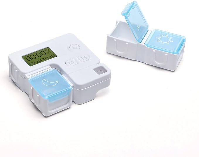 Automatic Pill Dispenser with Built-in Digital Clock & Reminder System Portable 7-Compartment Medicine Organizer with Flexible Design (Blue, 5Compartments)