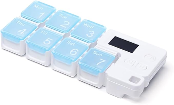 Automatic Pill Dispenser with Built-in Digital Clock & Reminder System Portable 7-Compartment Medicine Organizer with Flexible Design (Blue, 7Compartments)