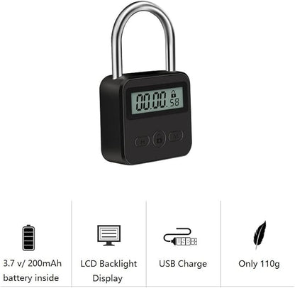Metal Timer Lock - Electronic Time Padlock with LCD Display - USB Rechargeable (Black)