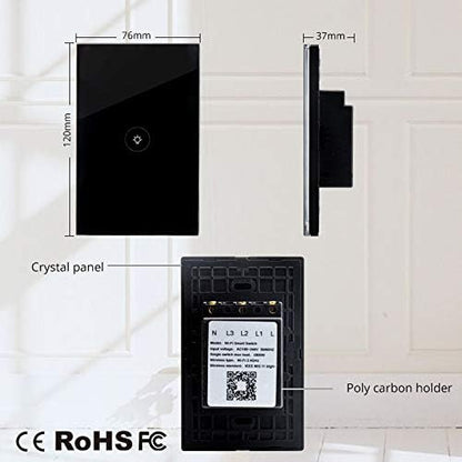 WiFi Smart Wall Touch Light Switch Glass Panel Wireless Remote Control by Mobile APP Anywhere Compatible with Alexa,Timing Function No Hub Required (Wall Switch 1 Gang)