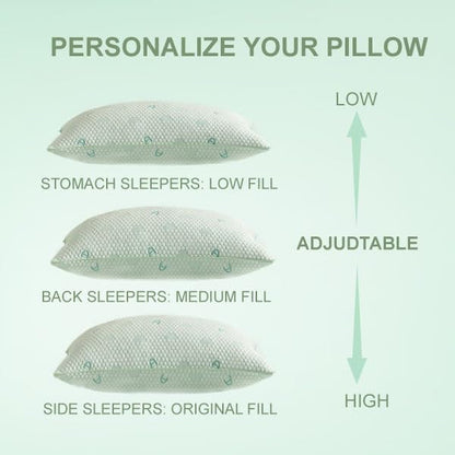 ACCURATEX Cooling Memory Foam Pillows for Sleeping Standard Size Set of 2, Adjustable Fluffy Pillows with Removable Cover, Cool Bed Pillow for Side Back Stomach Sleepers, Machine Washable, Green