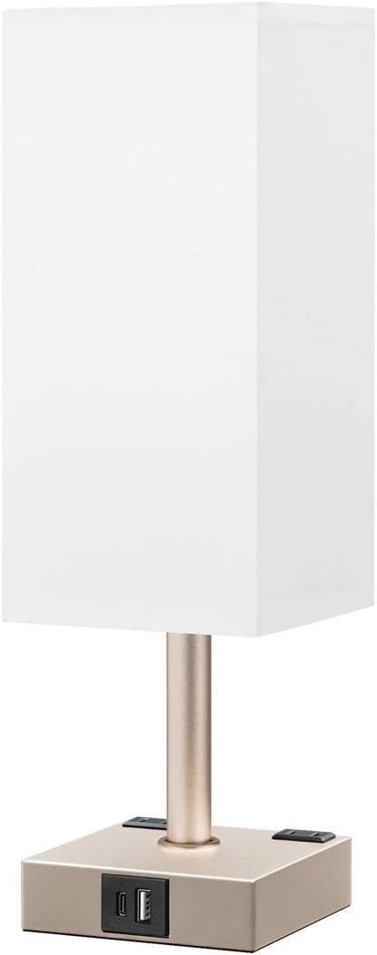 Antique White Touch Table Lamp - Mochaca Gold Bedside Lamp with USB A + Type C Charging Ports and Two AC Outlets, Small Night Stand with E26 LED Bulb, Desk Light for Bedroom Living Room Office Dorm