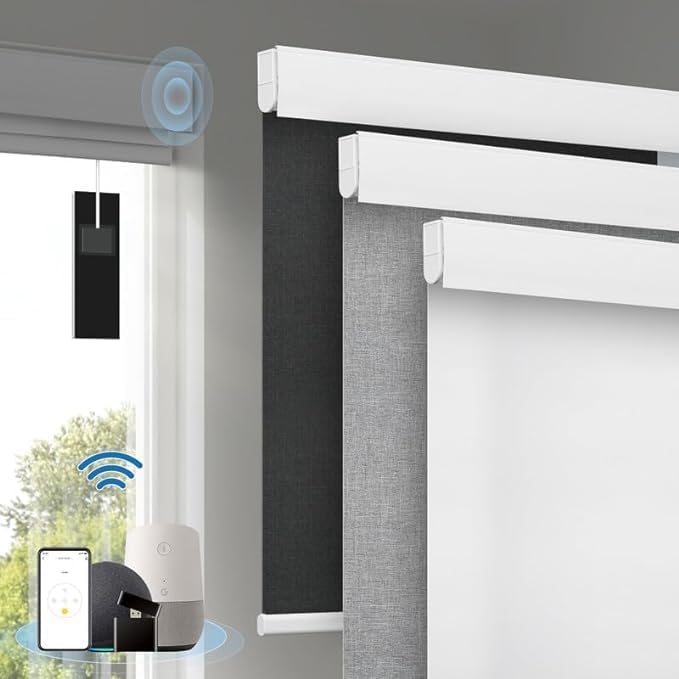 Motorized Blinds with Remote, [Free Solar Panels] Cordless Smart Blinds with Valance Cover, Blackout Electric Automatic Roller Shades for Windows White 30½"W x 72" H