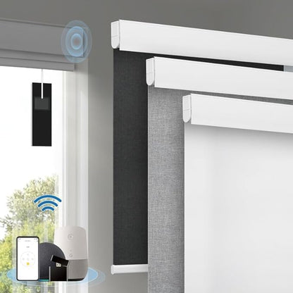 Motorized Blinds with Remote, [Free Solar Panels] Cordless Smart Blinds with Valance Cover, Blackout Electric Automatic Roller Shades for Windows White 33½"W x 72" H