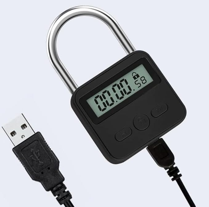 Metal Timer Lock - Electronic Time Padlock with LCD Display - USB Rechargeable (Black)