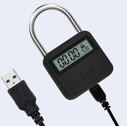 Metal Timer Lock - Electronic Time Padlock with LCD Display - USB Rechargeable (Black)