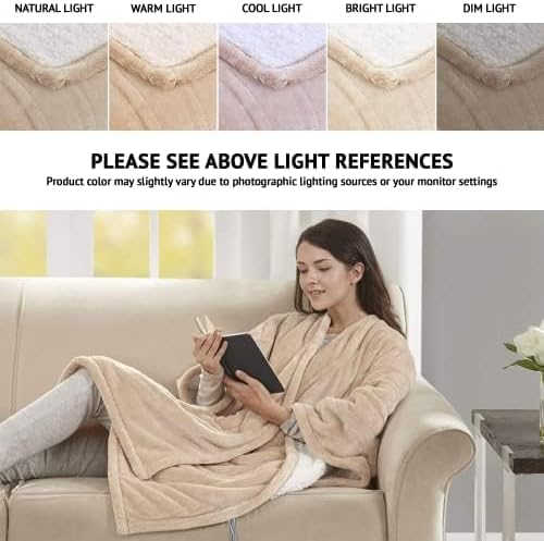 Beautyrest Wearable Electric Poncho Wrap Blanket, Ultra Soft Sherpa & Berber Fleece Heated Throw with Low EMF, UL Certified & OEKO-TEX, 3 Heat Settings & 2 Hour Auto Shutoff, Gift-Ready, 50"x64",Tan