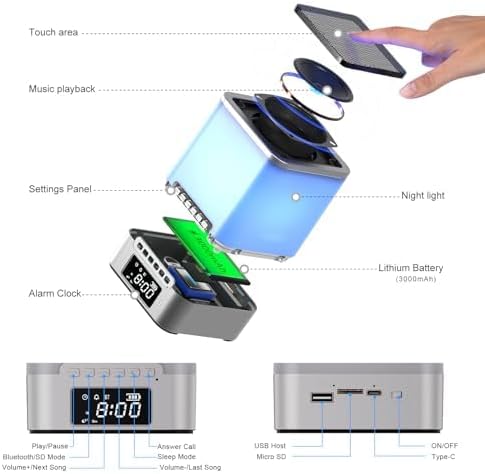 winshine Alarm Clock with RGB Night Light, Bluetooth Speaker, Colorful Music Rhythm Sync, Wake Up with Sound & Light, Touch Control, SD Card/AUX Support, Auto-Off Timer