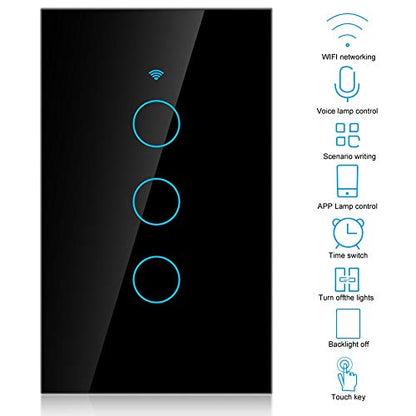 WiFi Touch Screen Switch Smart Single Circle for Voice Control - 3-Way Wireless Switch, ABS Fireproof, App Supported, 22 Languages, Compatible with SIRI