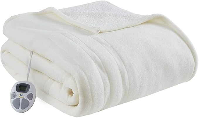 Serta Reversible Fleece to Sherpa Electric Blanket, Fast Heating, Auto Shut Off Timer, Multi Heat Setting, ETL Certified, Machine Washable, Ivory Twin 84"x 62"