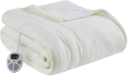 Serta Reversible Fleece to Sherpa Electric Blanket, Fast Heating, Auto Shut Off Timer, Multi Heat Setting, ETL Certified, Machine Washable, Ivory Twin 84"x 62"