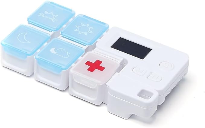 Automatic Pill Dispenser with Built-in Digital Clock & Reminder System Portable 7-Compartment Medicine Organizer with Flexible Design (Blue, 5Compartments)