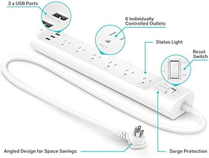 Kasa Smart Plug Power Strip HS300, Surge Protector with 6 Individually Controlled Smart Outlets and 3 USB Ports, Compatible with Alexa & Google Home, No Hub Required, White (Pack of 10)