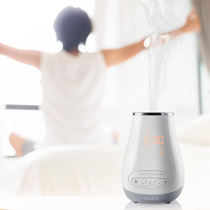 Slumber Scents Alarm Clock, Essential Oil Diffuser & White Noise Machine 6 Soothing Sounds, LED Lights, Auto-Off Timer, Bluetooth Bonus- 3 Essential Oils, Aromatherapy SoundSpa HoMedics