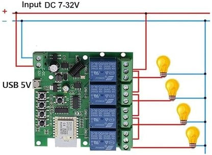 Zigbee 4CH DC7-32V USB 5V Relay Smart Switch Module,Wireless APP Remote Control with Inching/Self-Lock/Interlock modle，Works with Tuya Zigbee Gateway，Alexa，Google Home (Required ZigBee Hub)
