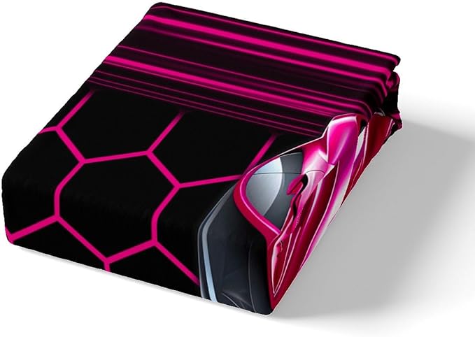 Sports Car Bed Sheet Set Home Decor Pink Race Car Sheet Sets Deep Pocket,Neon Lines Geometric Honeycomb Mattress Cover,Twin Size with 1 Pillowcase