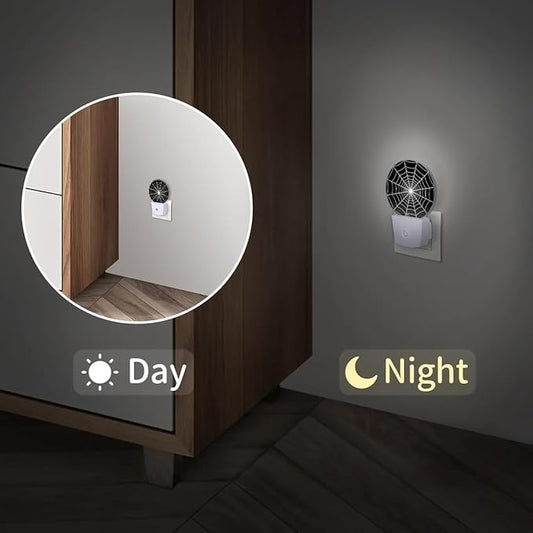Black Spider Web Plug-in Led Night Light with Auto Dusk to Dawn Sensor for Boys Girls Room Decor, Wall Lamp Nightlights for Hallway,Bedroom, Kids Room, Kitchen, Stairway, (0.5W, 2 Pack)