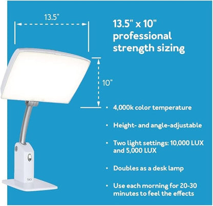 Carex Day-Light Sky Bright Sunlight Therapy Lamp, 10000 LUX Therapy Lamp at 12 Inches, LED Bright White Light with Adjustable Height and Brightness Levels for Mood, White