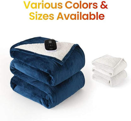 WOOMER Electric Blanket Full Size 77" x 84", Heated Blanket with 0.5-12 Hours Timer & 10 Heating Levels, ETL Certified, Navy Blue Velvet & White Sherpa, Over-Heat Protect, Machine Washable