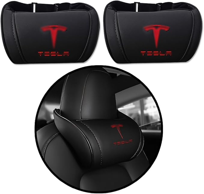 Car Headrest Neck Pillow Support Memory Foam Ergonomic Design Accessory for Driving Seat Fatigue Relief Compatible with Model S X 3 Y & Cybertruck - 2 Pieces