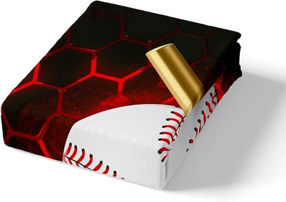 Manfei Baseball Sheet Set King Size, Abstract Geometric Red Honeycomb Bed Sheet Set 4pcs with Deep Pocket Fitted Sheet + Flat Sheet + 2 Pillowcases, Sports Theme Bedding Set for Kids Boys Room Decor