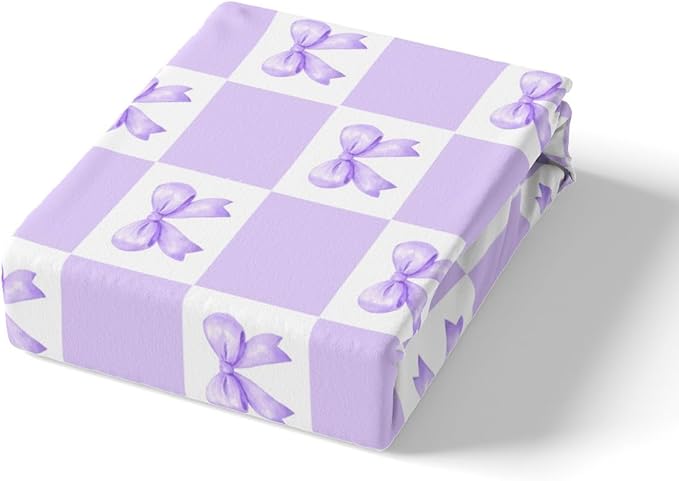 Princess Bowknot Fitted Sheet Queen Size Dreamy Purple Bow-tie Girly Bow Bedding Sheet Set,Geometric Grids Plaids Patchwork Purple White Bed Cover Ultra Soft Breathable Bedding 3 Pcs