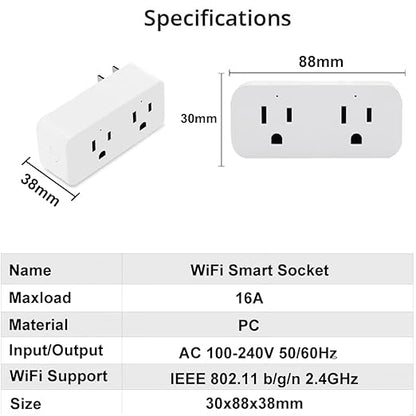 Ewelink 16A WiFi Dual Smart Outlet Plug with 2 Independent Control Sockets, App Control Timer Switch, 2-in-1 Compact Design, Compatible with Alexa,Google, SmartThings