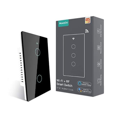 MoesGo 2nd Generation WiFi RF433 Smart Touch Wall Single Fire Smart Switch,No Neutral Wire Needed Compatible with Smart Life/Tuya App, Works with Alexa and Google Home Single Pole 110V Black 2 Gang