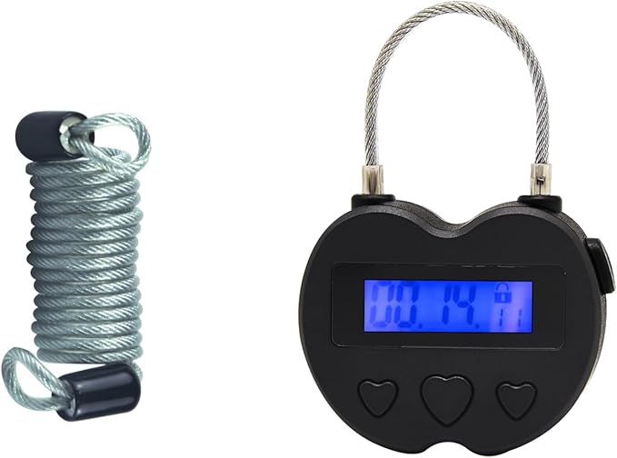 Heart Metal Timer Lock, USB Rechargeable Timer Compact Padlock with 1m Spring Cord, Up to 99 Hours Timed Self-Regulation Anti-Addiction Timer Padlock (Black)
