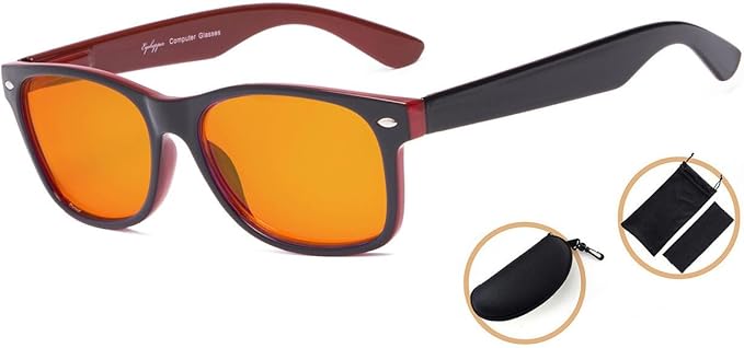 Eyekepper Blue Blocking Amber Glasses for Sleep-Nighttime Eyewear-Special Orange Tinted Glasses for Women Men (Black-Red, +0.00)