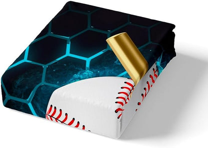 Manfei Baseball Sheet Set Full Size, Sports Themed Bedding Set for Kids Boys Adults Room Decor, Blue Honeycomb Geometric Bed Sheet Set 4pcs with Deep Pocket Fitted Sheet + Flat Sheet + 2 Pillowcases