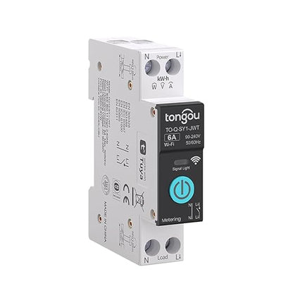 DIY 1P+N Smart Wi-Fi Switch, Work with Alexa and Google Assistant for Voice Control, 6A with Energy Monitor, Smart Life/Tuya APP Remote Control, Timer Functions, DIN Rail Mounted,FCC Certified