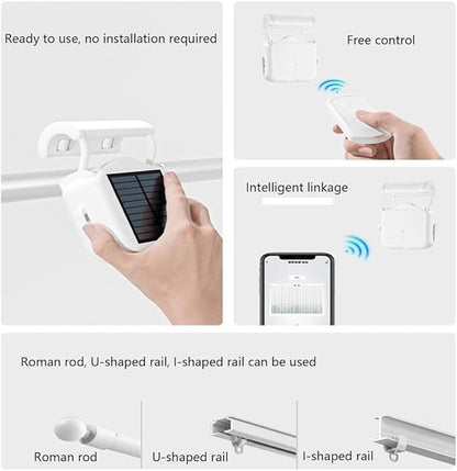 Automatic Curtain Opener, Compatible with Roman Rod, U-Track, T-Track, Solar Charging, With App,Timed Curtain Opener, With Remote Control, Home Curtain Robot Motor,A