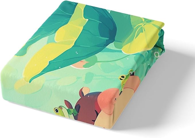 Cute Hippo Kids Fitted Sheet Twin Size,Watermelon Frog Lotus Leaves Bedding Set,Boys Girls Room Decor,Cartoon Hippopotamus Wild Animals Rustic Bed Cover,Red Green Bed Sheet,1 Pillowcase
