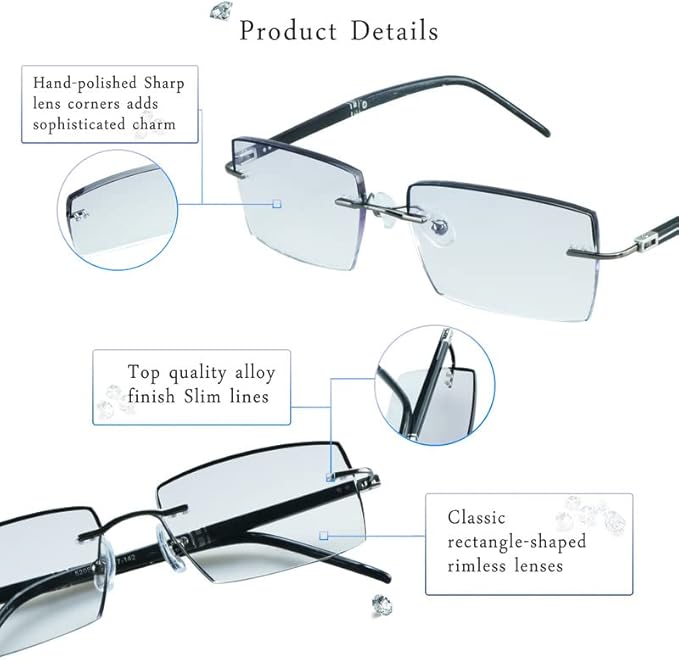 LifeArt Blue Light Blocking Glasses,Computer Reading Glasses,Rimless Frame Tinted Lens with Diamond,Stylish for Men (+3.00 Magnification)