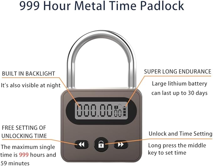 999 Hour Metal Timer Lock, Max Timing Over 1 Month with LCD Display Multi-Function Electronic Time, USB Rechargeable Timer Padlock for Kitchen Cabinets, Phones, Snack, Liquor, Game Consoles (Black)