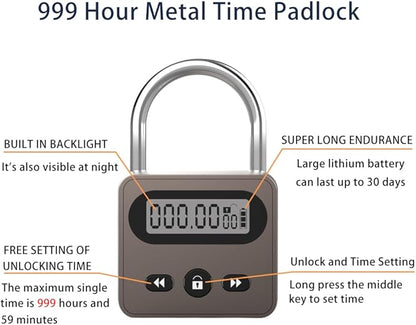 999 Hour Metal Timer Lock, Max Timing Over 1 Month with LCD Display Multi-Function Electronic Time, USB Rechargeable Timer Padlock for Kitchen Cabinets, Phones, Snack, Liquor, Game Consoles (Black)